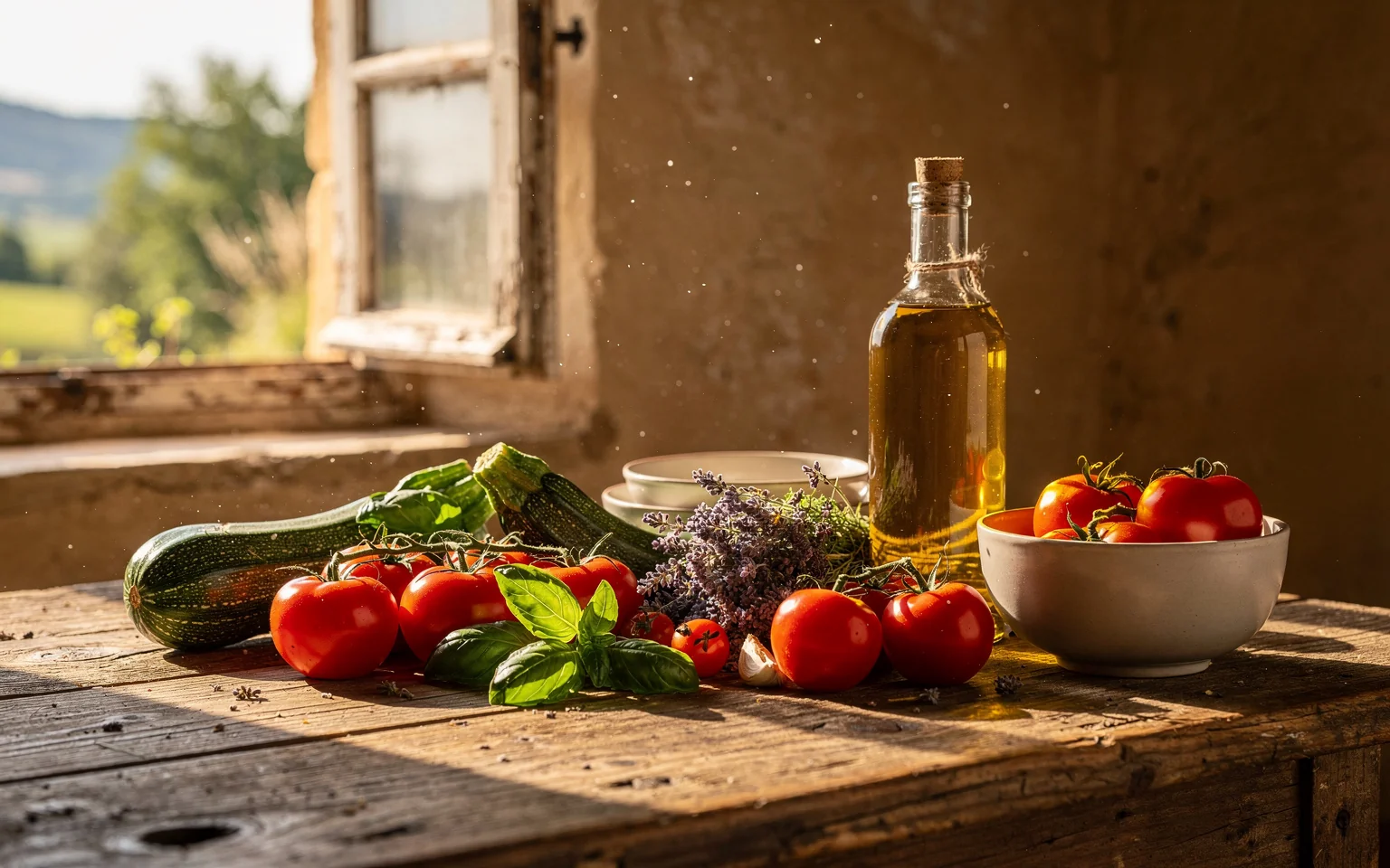 Table de cuisine provençale avec produits de saison et lumière dorée