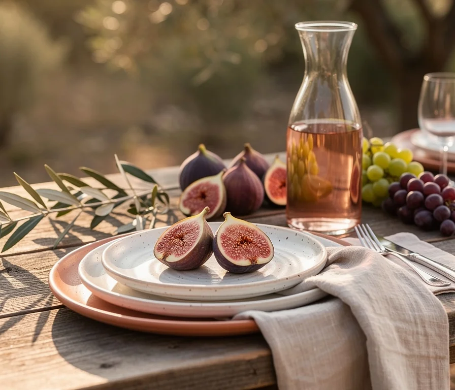 Table d'été provençale dressée avec figues, raisin et lin