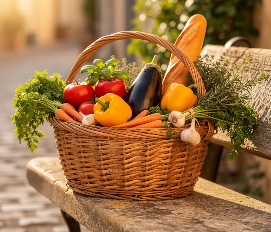 Panier de marché garni de légumes, herbes et pain de Provence