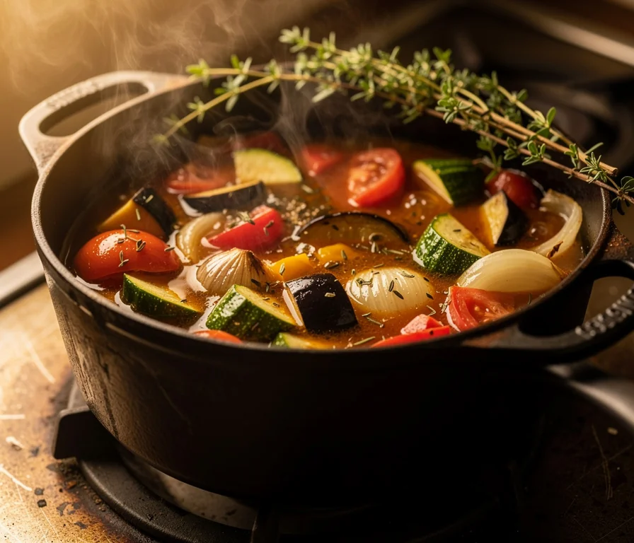 Cocotte en fonte d'un plat de légumes mijoté à la provençale