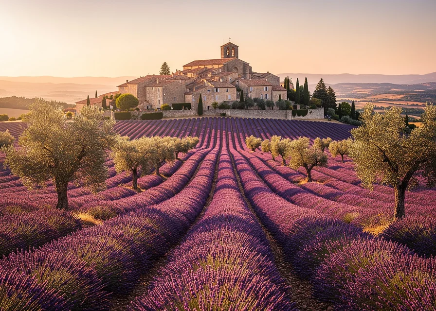 Champ de lavande de Provence et village perché au soleil couchant
