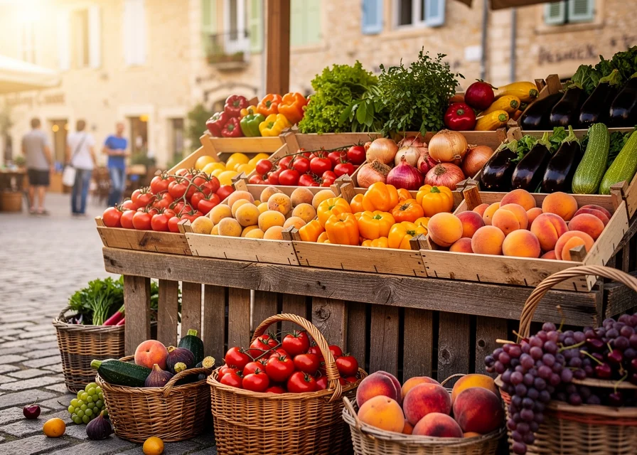 Étal de marché provençal aux légumes et fruits de saison