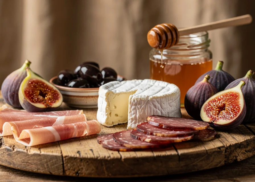 Planche de produits du terroir provençal, fromage, olives et miel