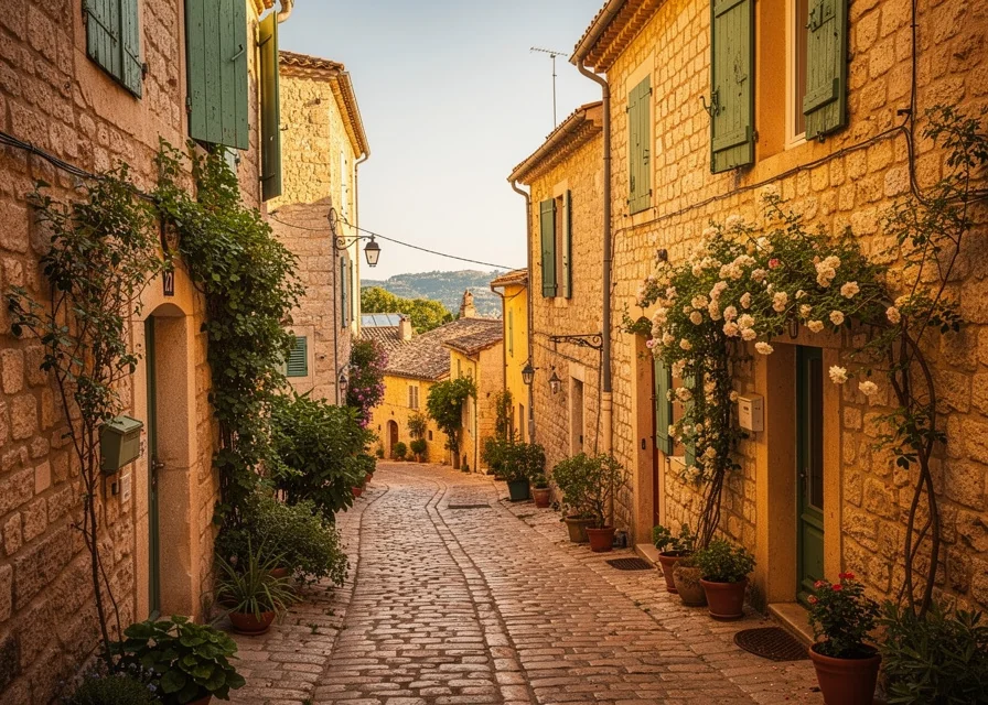 Ruelle pavée d'un village perché de Provence aux maisons de pierre