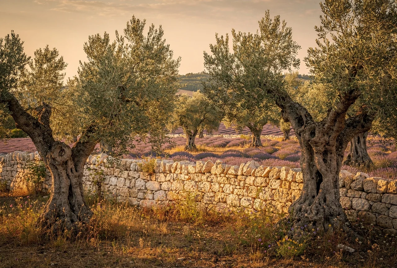 Oliveraie de Provence à la lumière dorée du soir